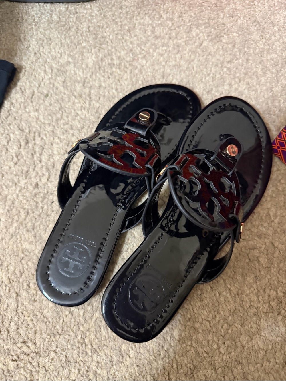 Tory Burch Black Patent Logo Thong Sandals with Tortoiseshell Accents